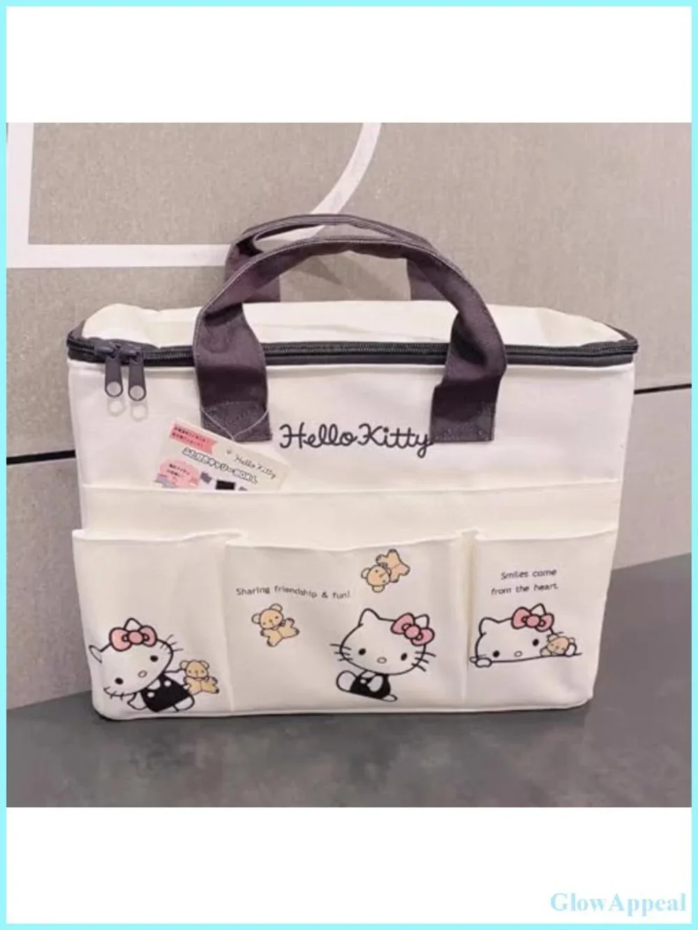 Cute Canvas Tote Bag with Top Zipper, 4 Pockets, Lightweight Oxford Cloth